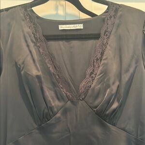 Abercrombie & Fitch Black satin Ruched Midi Gown with Puff Sleeves